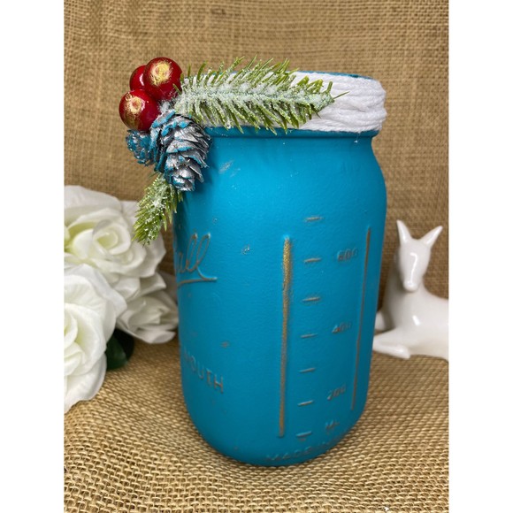 Christmas Glass Jar Ball  /  Turquoise Christmas Glass Jar with Wide Mouth Ball - Picture 5 of 11